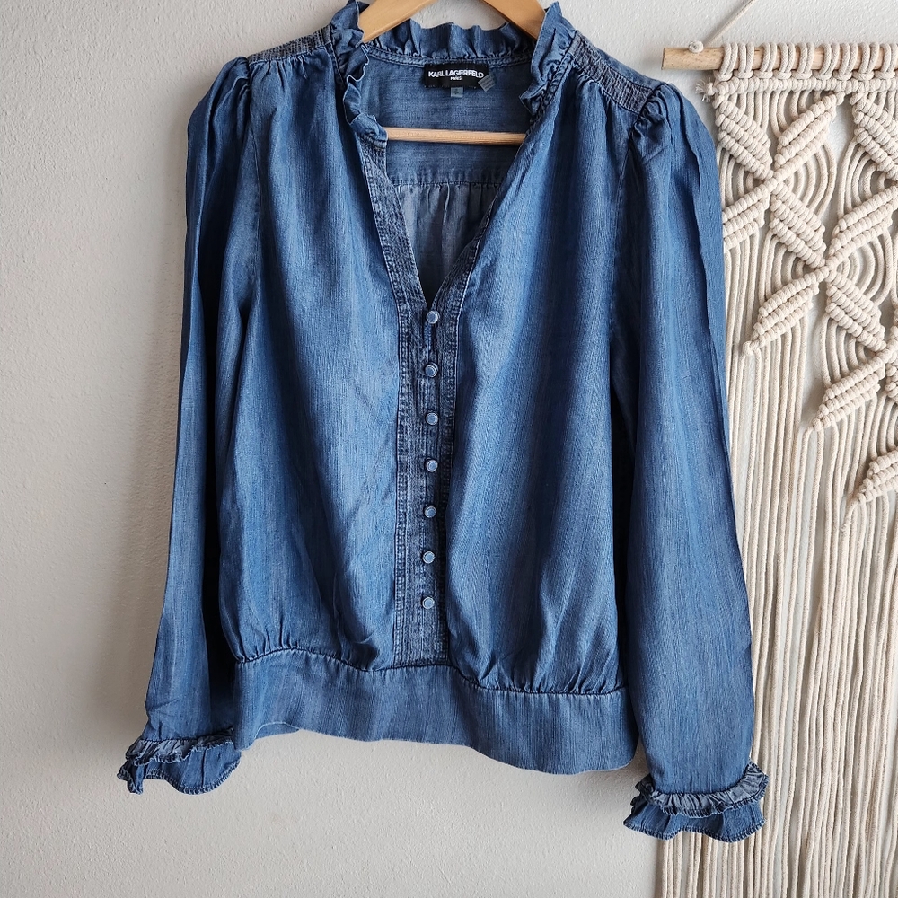 KARL LAGERFELD PARIS Ruffle Trim‎ Chambray Blouse Sz: S